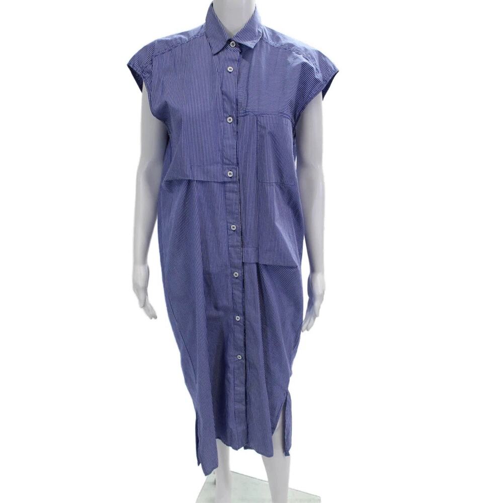 Zara Striped Button Up Cap Sleeve Midi Dress Size M Medium Blue - Picture 8 of 8